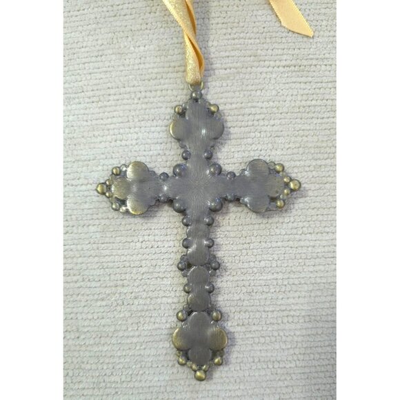 Beaded Cross Ornament With Gold & Pearl Accents On Ribbon Hanger For Wall 5"H - Picture 4 of 5